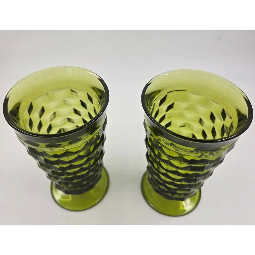 2 Vintage Avocado Green Indiana Glass Whitehall Colony Cubist 6” Footed Tumblers